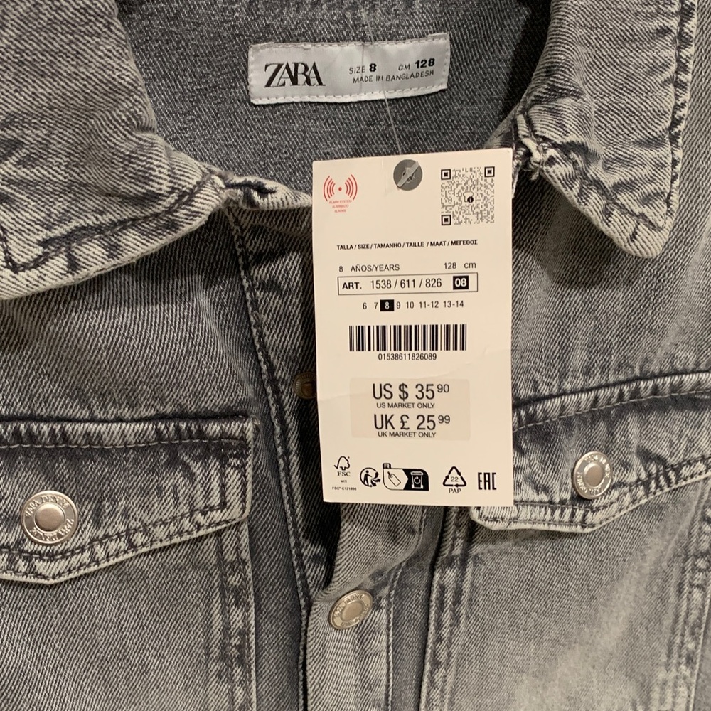 NWT Zara Kids Girls Gray Denim Button-Front Shirt Dress, 8 - Picture 4 of 8